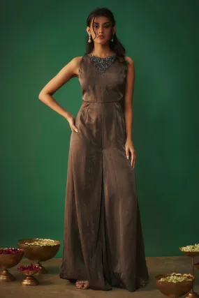 Grey Embroidered Flare Jumpsuit