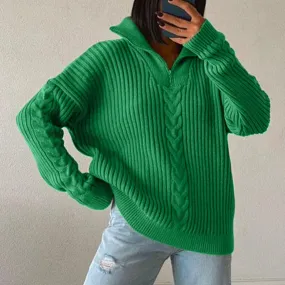 Jacque V-Sweater | Bequemer Zopfpullover mit V-Ausschnitt, Rollkragen und Reißverschluss