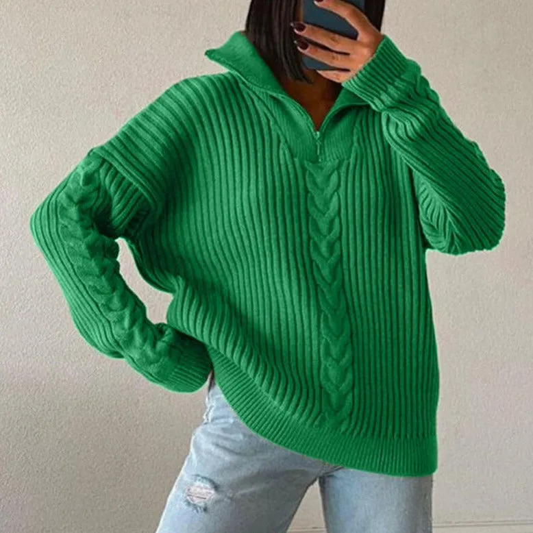 Jacque V-Sweater | Bequemer Zopfpullover mit V-Ausschnitt, Rollkragen und Reißverschluss