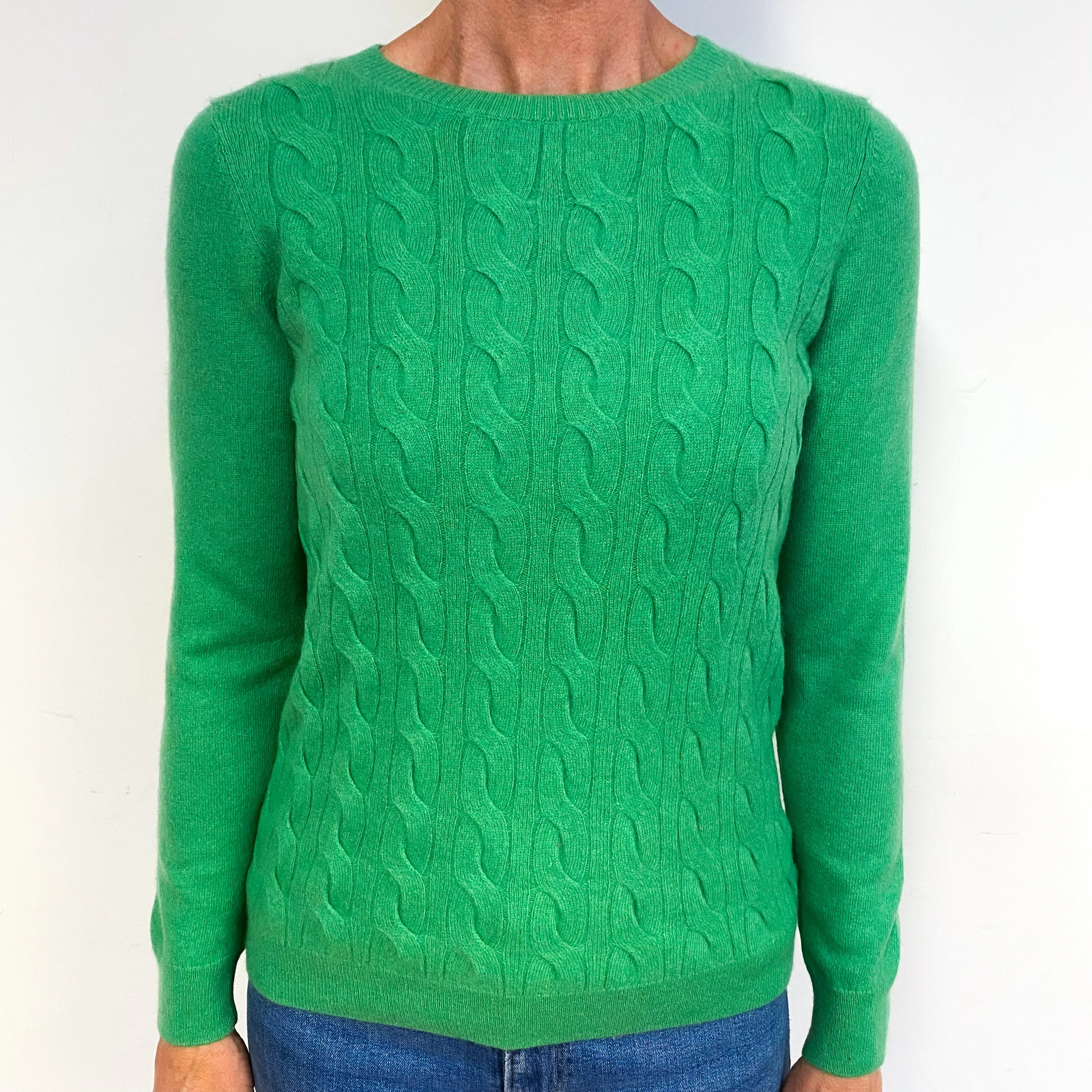 Jade Green Cable Cashmere Crew Neck Jumper Medium