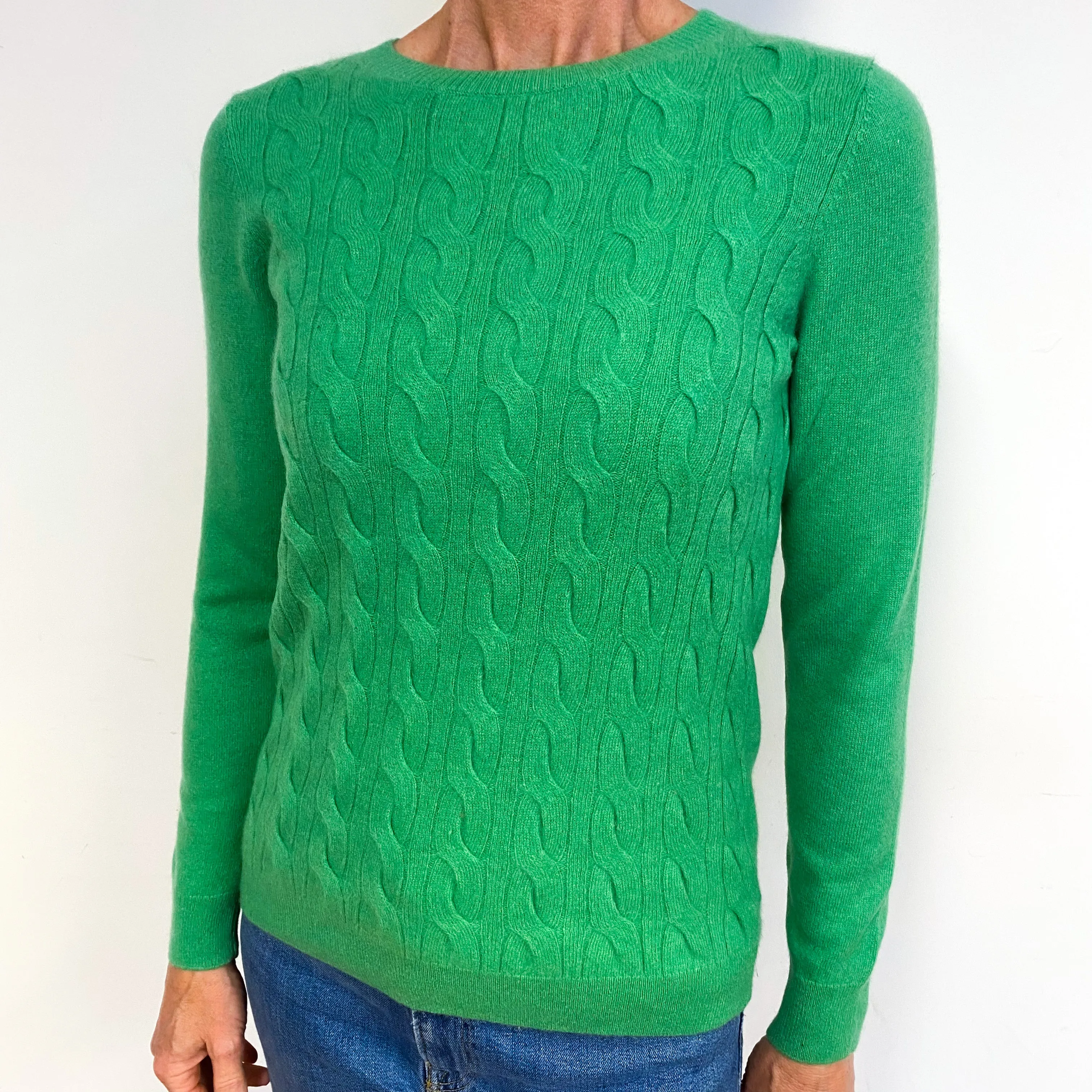 Jade Green Cable Cashmere Crew Neck Jumper Medium