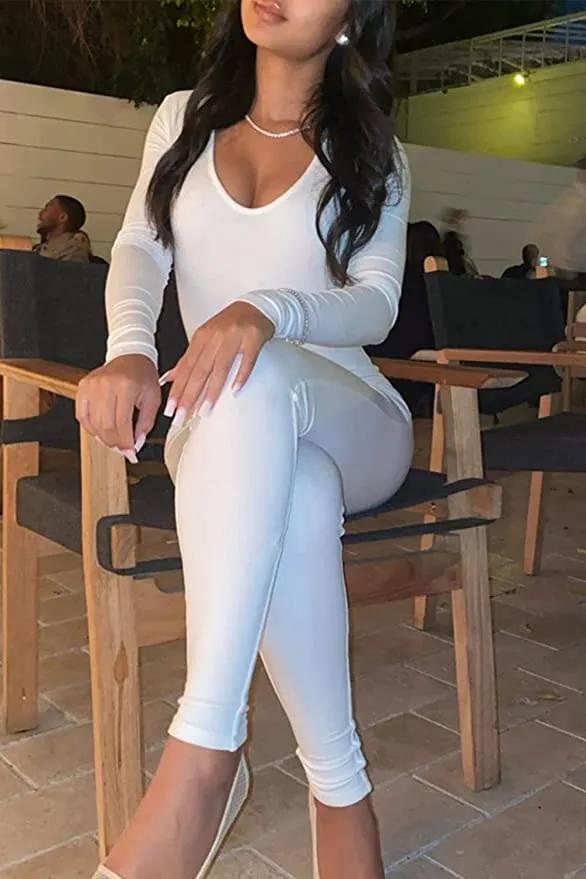 Knit Orange Long Sleeve Scoop Neck Jumpsuit