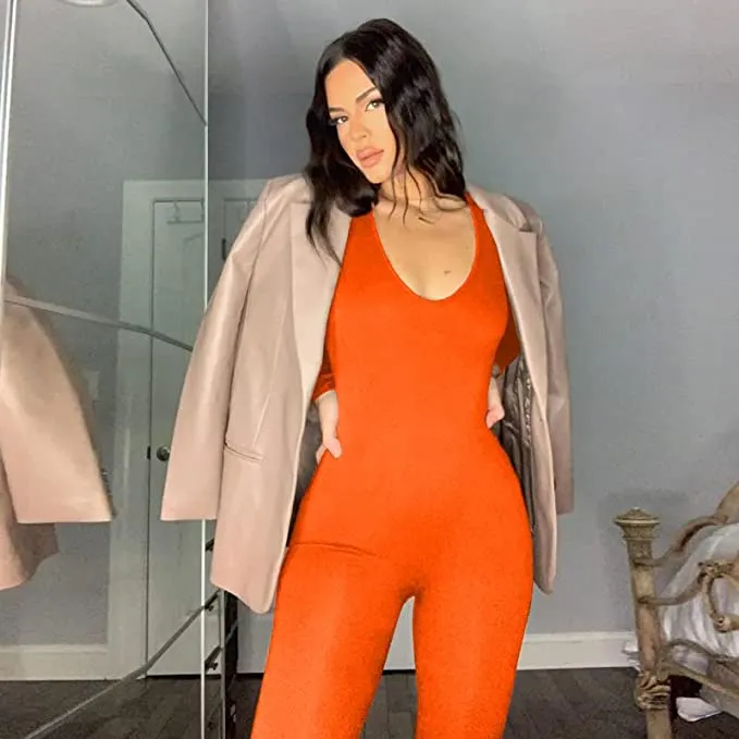 Knit Orange Long Sleeve Scoop Neck Jumpsuit