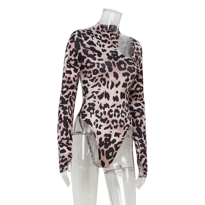 Leopard Print Long Sleeve Slim Fit Cutout Bodysuit