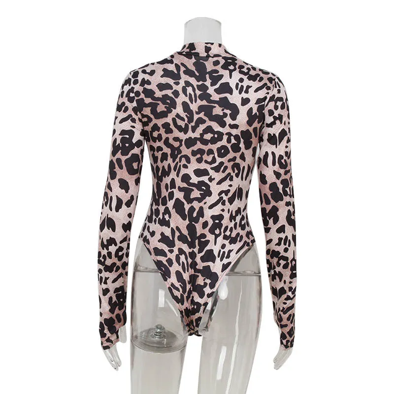 Leopard Print Long Sleeve Slim Fit Cutout Bodysuit