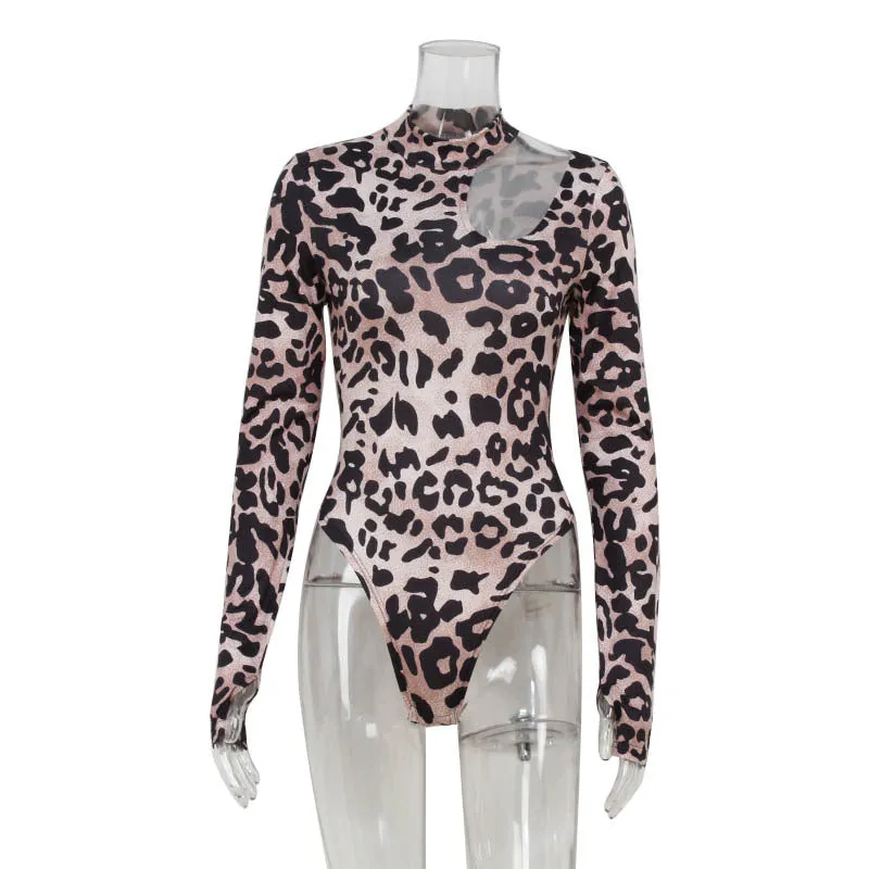 Leopard Print Long Sleeve Slim Fit Cutout Bodysuit