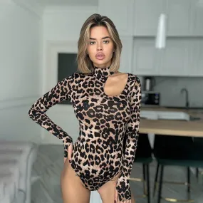 Leopard Print Long Sleeve Slim Fit Cutout Bodysuit