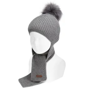 Light Grey Faux Fur Pom Pom Hat-Scarf