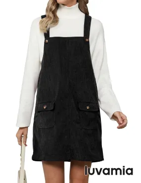 luvamia Corduroy Overall Dress for Women Adjustable Straps Casual Fashion Overalls Pinafore Short Dresses with Pockets