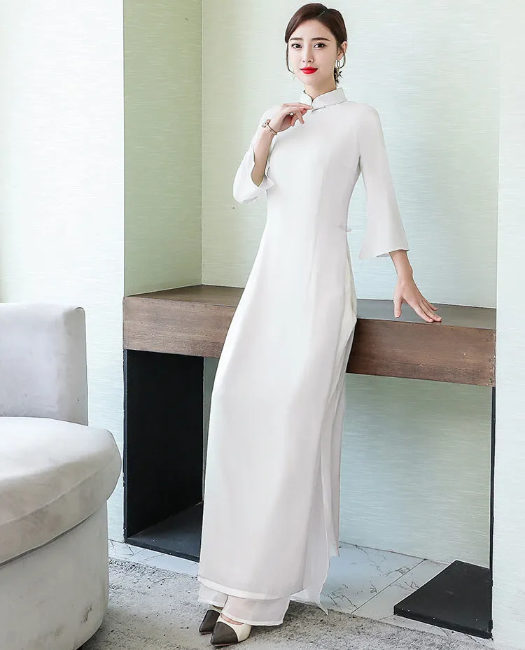 Mandarin Collar Long Trumpt Sleeve Full Length Chiffon Ao Dai Dress