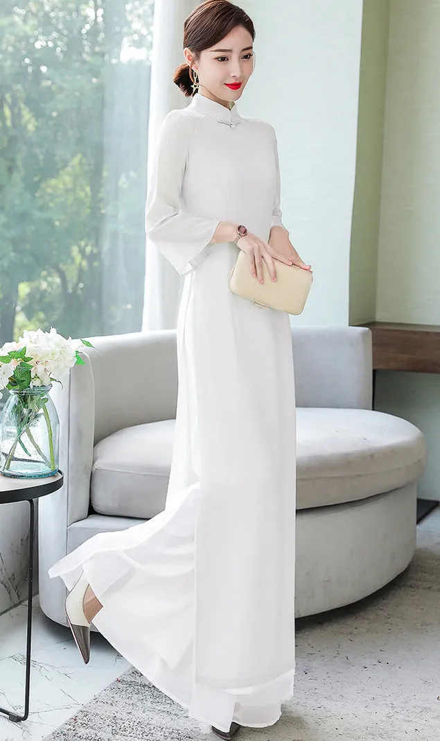 Mandarin Collar Long Trumpt Sleeve Full Length Chiffon Ao Dai Dress