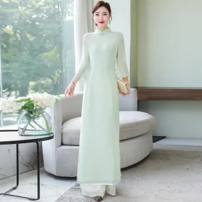 Mandarin Collar Long Trumpt Sleeve Full Length Chiffon Ao Dai Dress