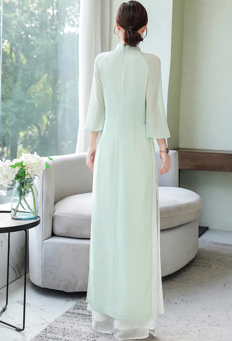 Mandarin Collar Long Trumpt Sleeve Full Length Chiffon Ao Dai Dress