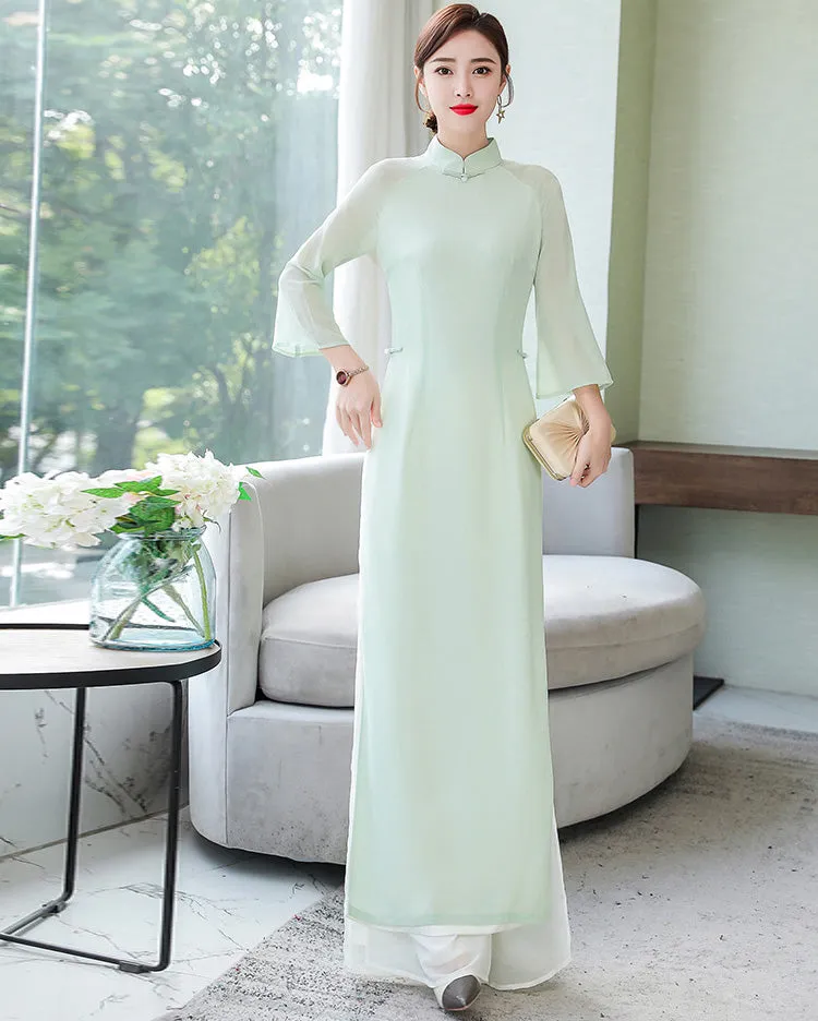 Mandarin Collar Long Trumpt Sleeve Full Length Chiffon Ao Dai Dress