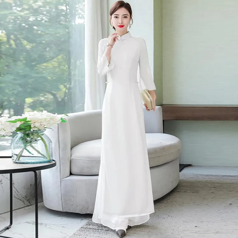 Mandarin Collar Long Trumpt Sleeve Full Length Chiffon Ao Dai Dress