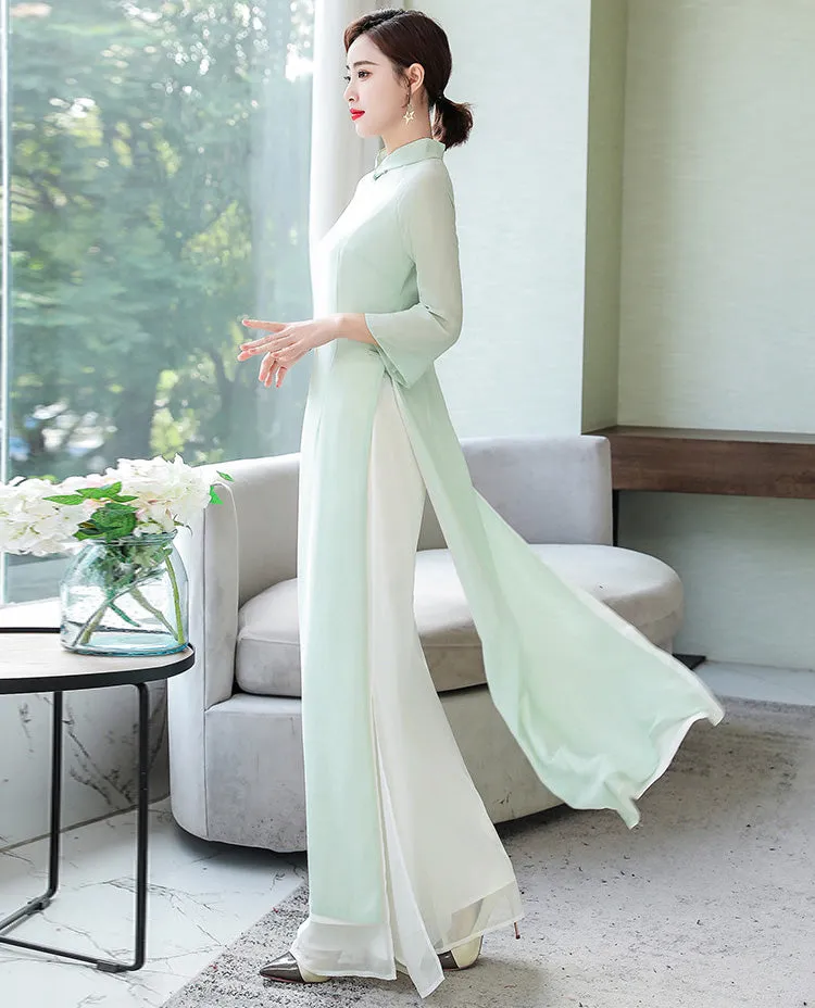 Mandarin Collar Long Trumpt Sleeve Full Length Chiffon Ao Dai Dress