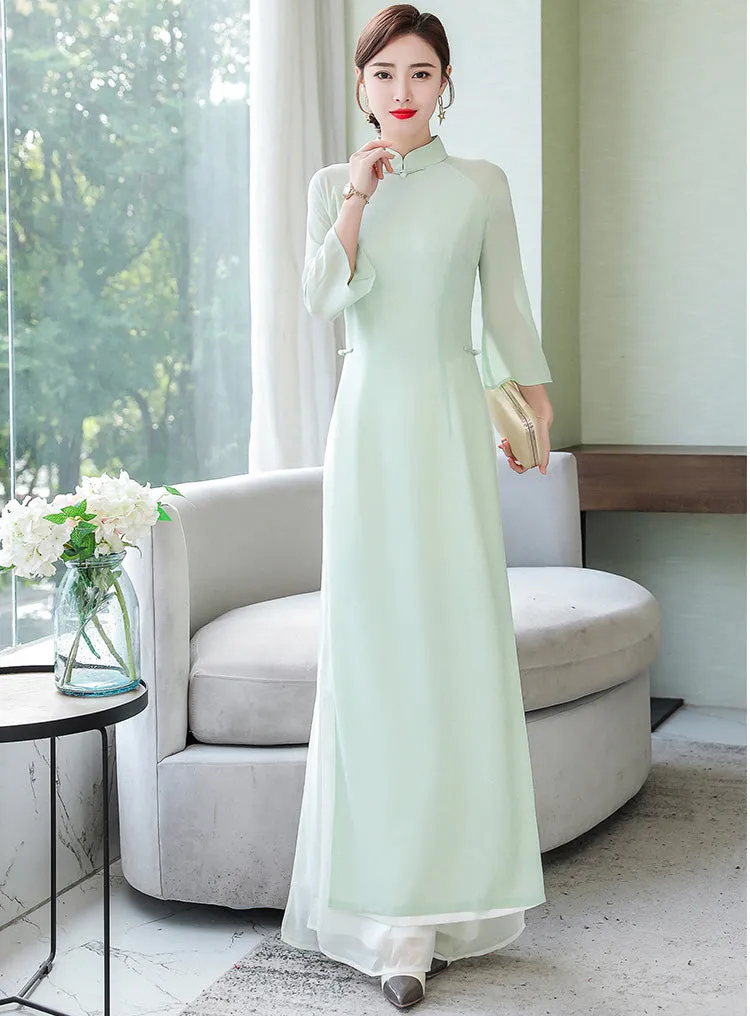 Mandarin Collar Long Trumpt Sleeve Full Length Chiffon Ao Dai Dress