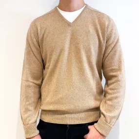 Men's Beige Scottish Cashmere V-Neck Jumper Extra Large