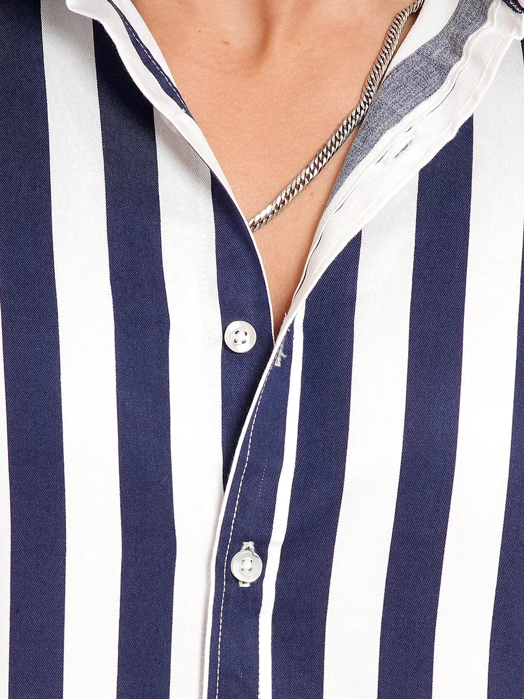 Men's Casual Half Sleeve Navy Blue Stripe Shirt