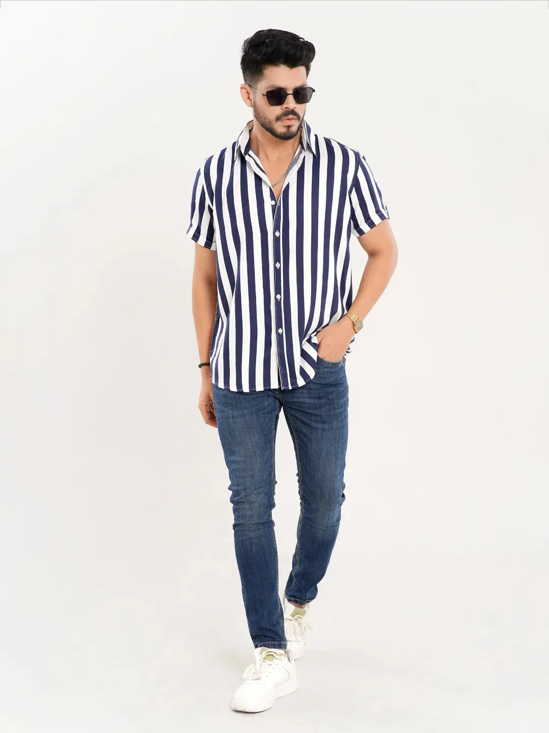 Men's Casual Half Sleeve Navy Blue Stripe Shirt