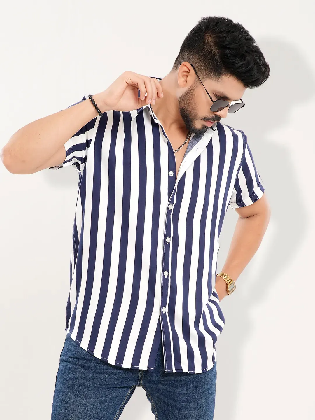 Men's Casual Half Sleeve Navy Blue Stripe Shirt