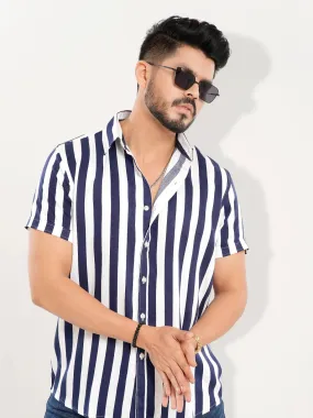 Men's Casual Half Sleeve Navy Blue Stripe Shirt