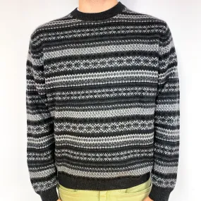 Men's Grey Fair Isle Cashmere Crew Neck Jumper Large