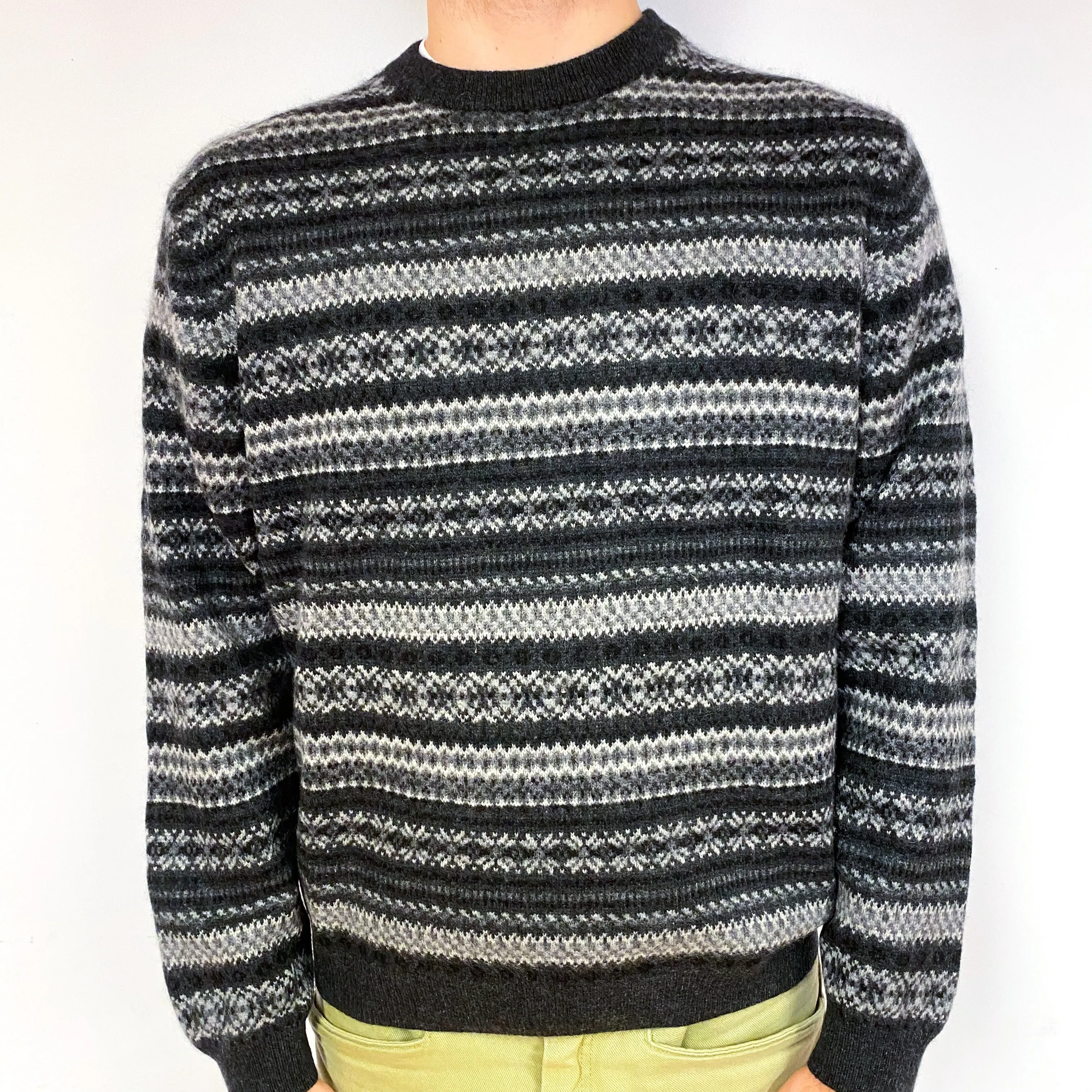 Men's Grey Fair Isle Cashmere Crew Neck Jumper Large