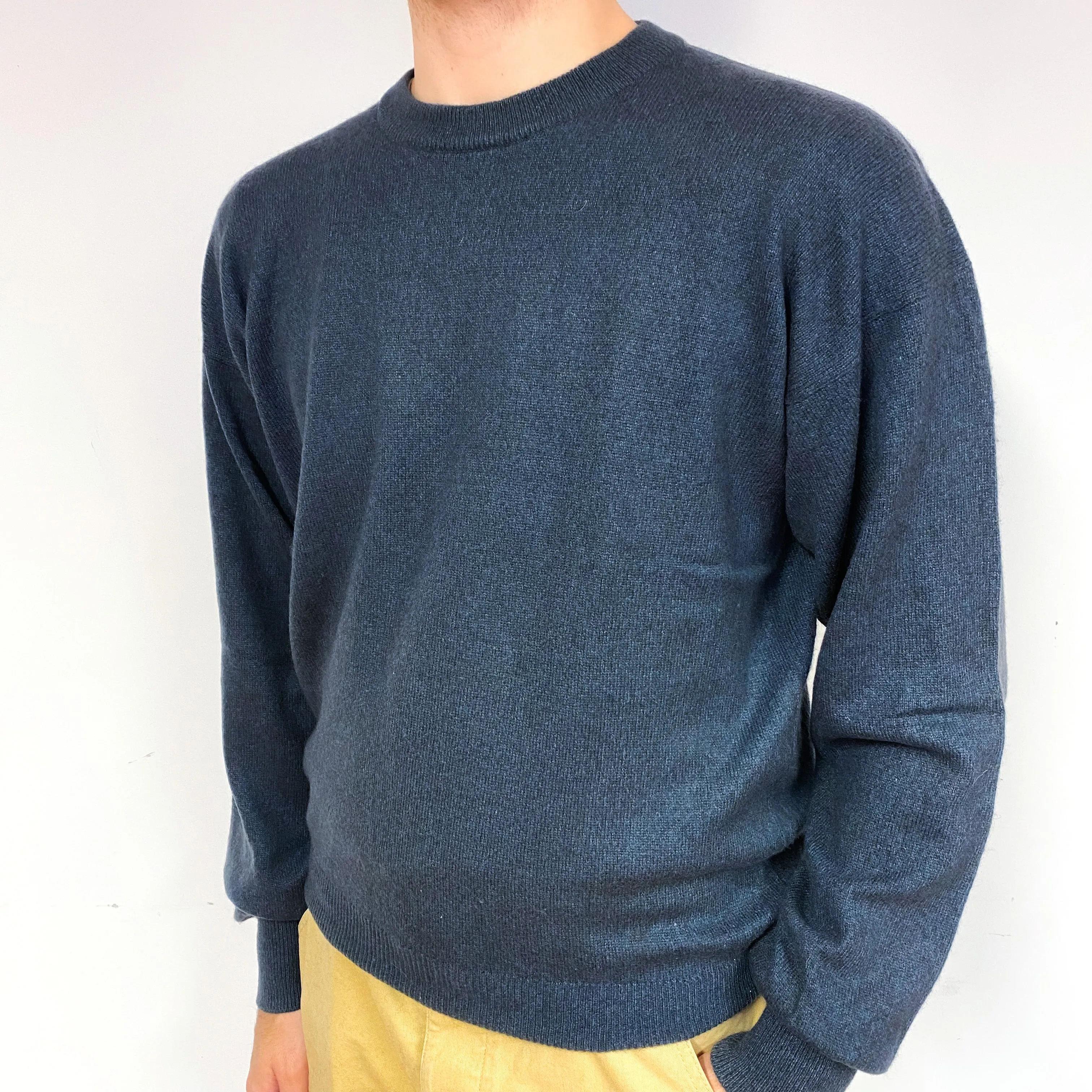 Men's Slate Grey Blue Cashmere Crew Neck Jumper Large