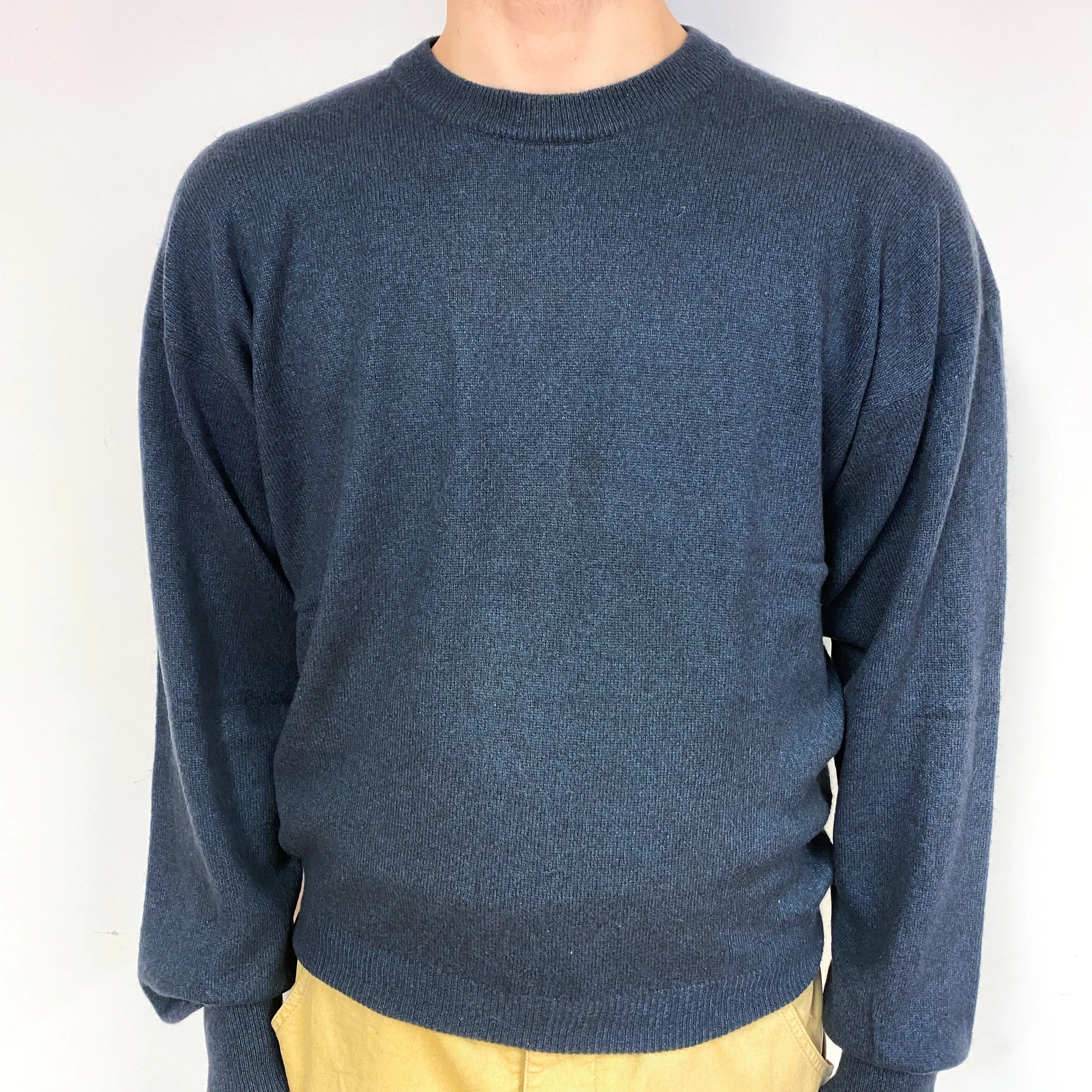 Men's Slate Grey Blue Cashmere Crew Neck Jumper Large