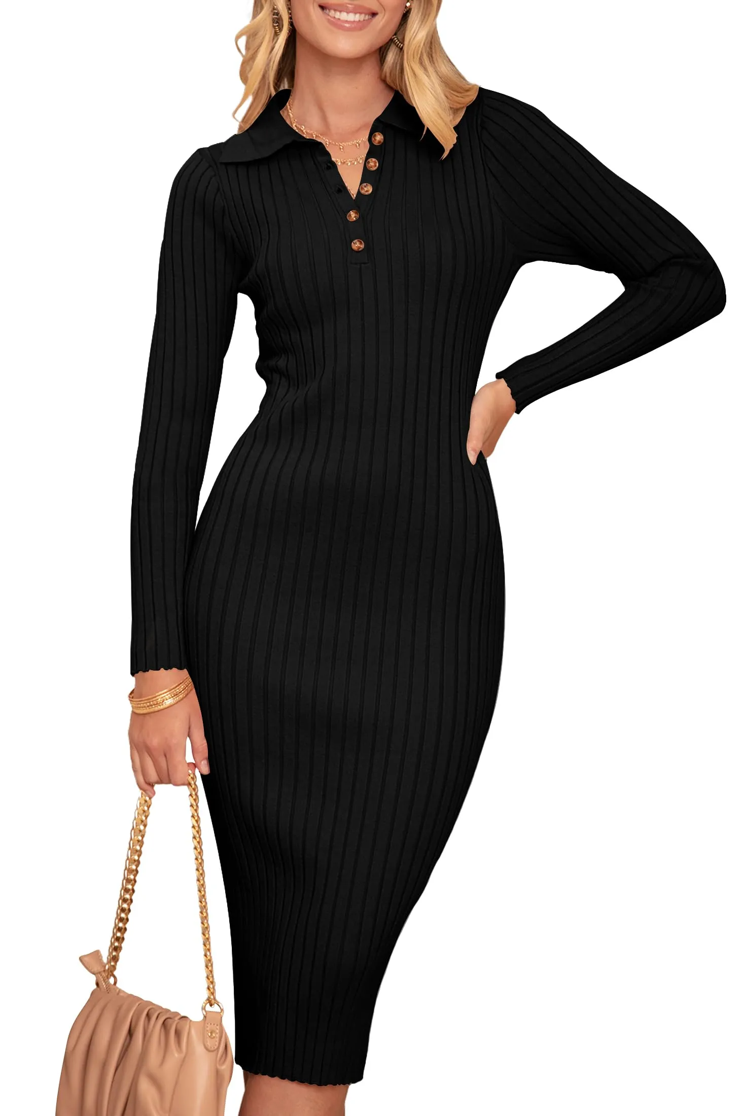 MEROKEETY Long Sleeve V Neck Ribbed Sweater Midi Dress