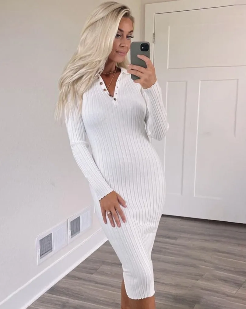 MEROKEETY Long Sleeve V Neck Ribbed Sweater Midi Dress