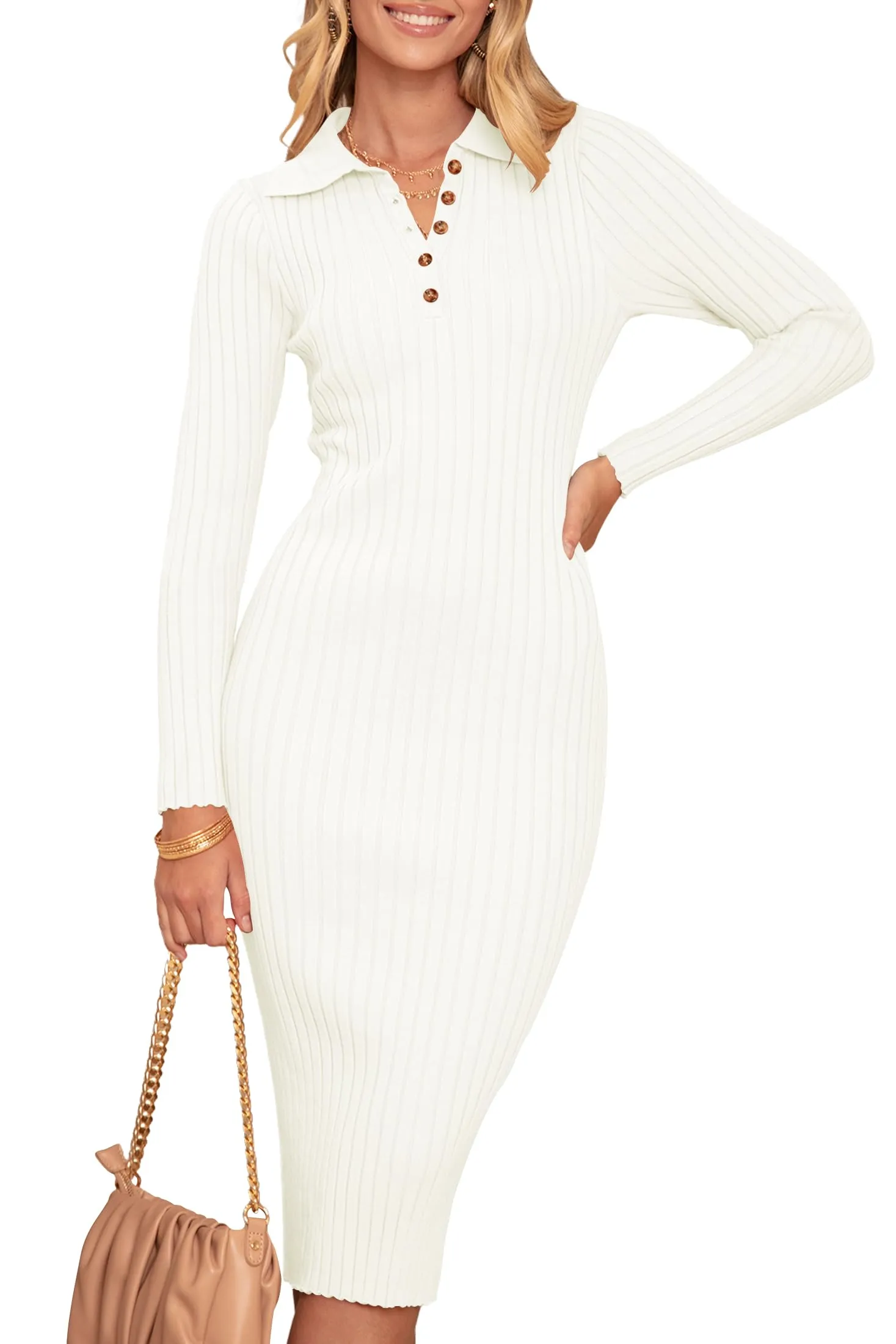 MEROKEETY Long Sleeve V Neck Ribbed Sweater Midi Dress