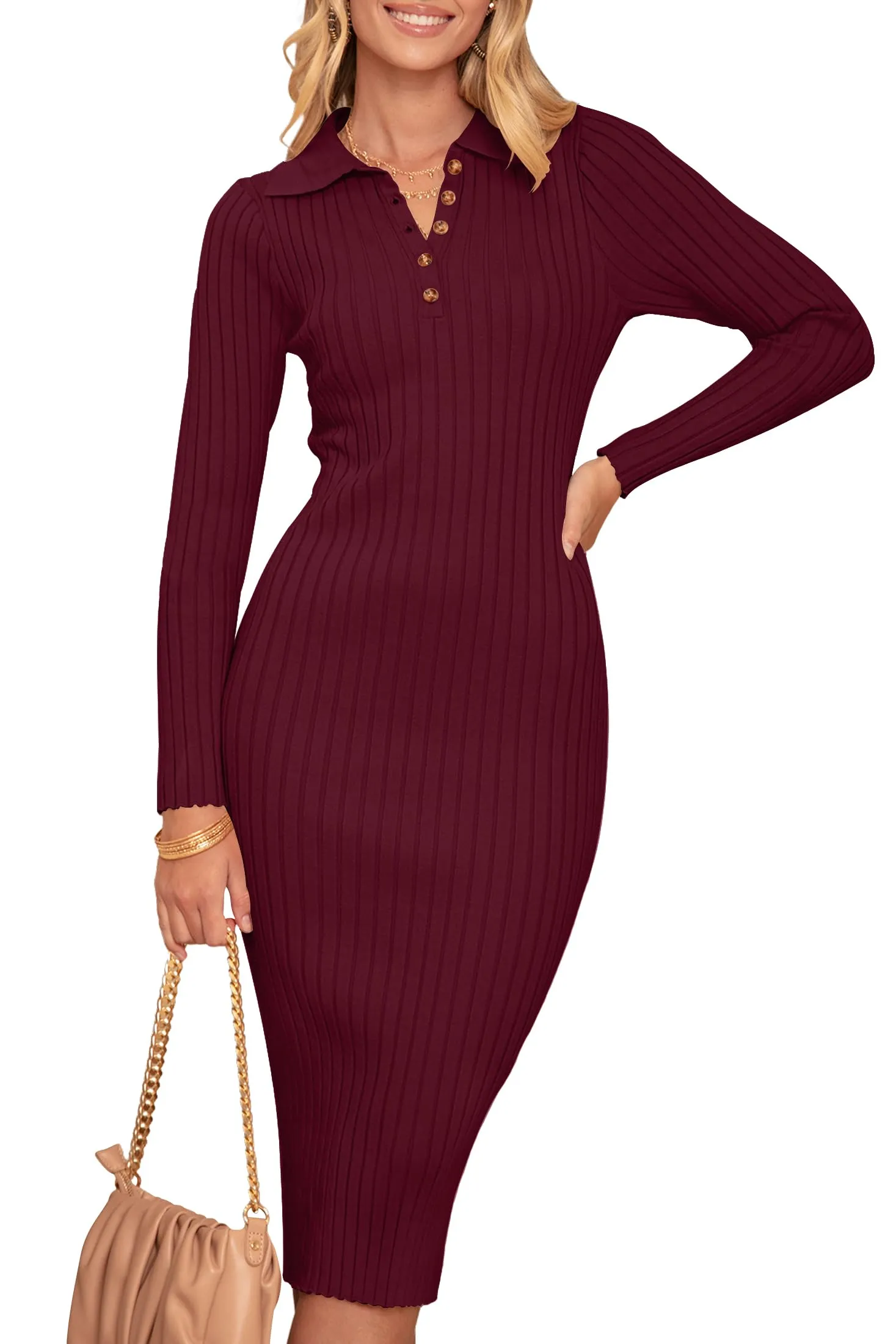 MEROKEETY Long Sleeve V Neck Ribbed Sweater Midi Dress