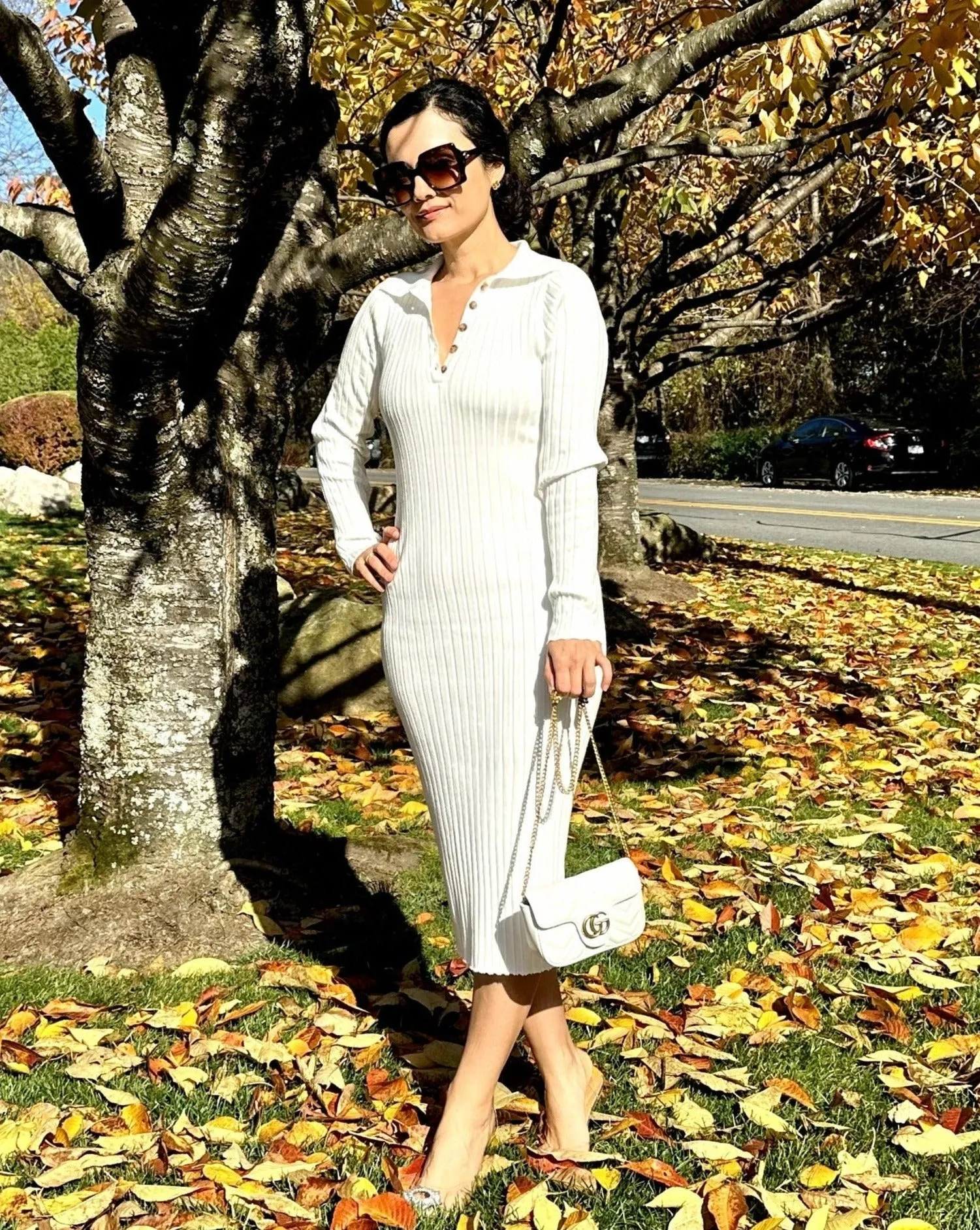 MEROKEETY Long Sleeve V Neck Ribbed Sweater Midi Dress