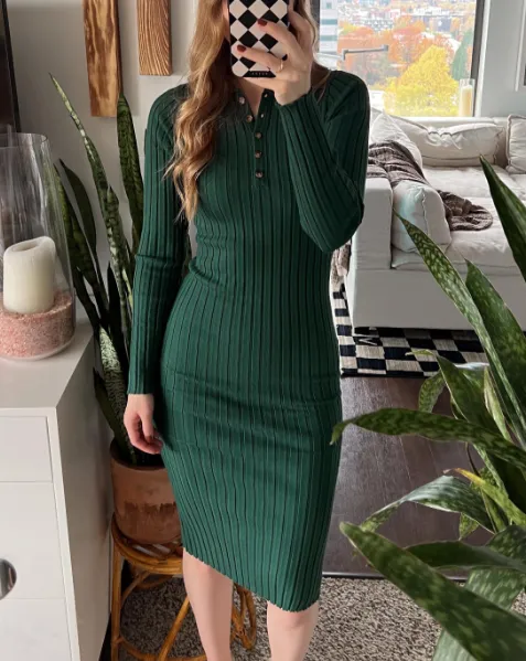 MEROKEETY Long Sleeve V Neck Ribbed Sweater Midi Dress