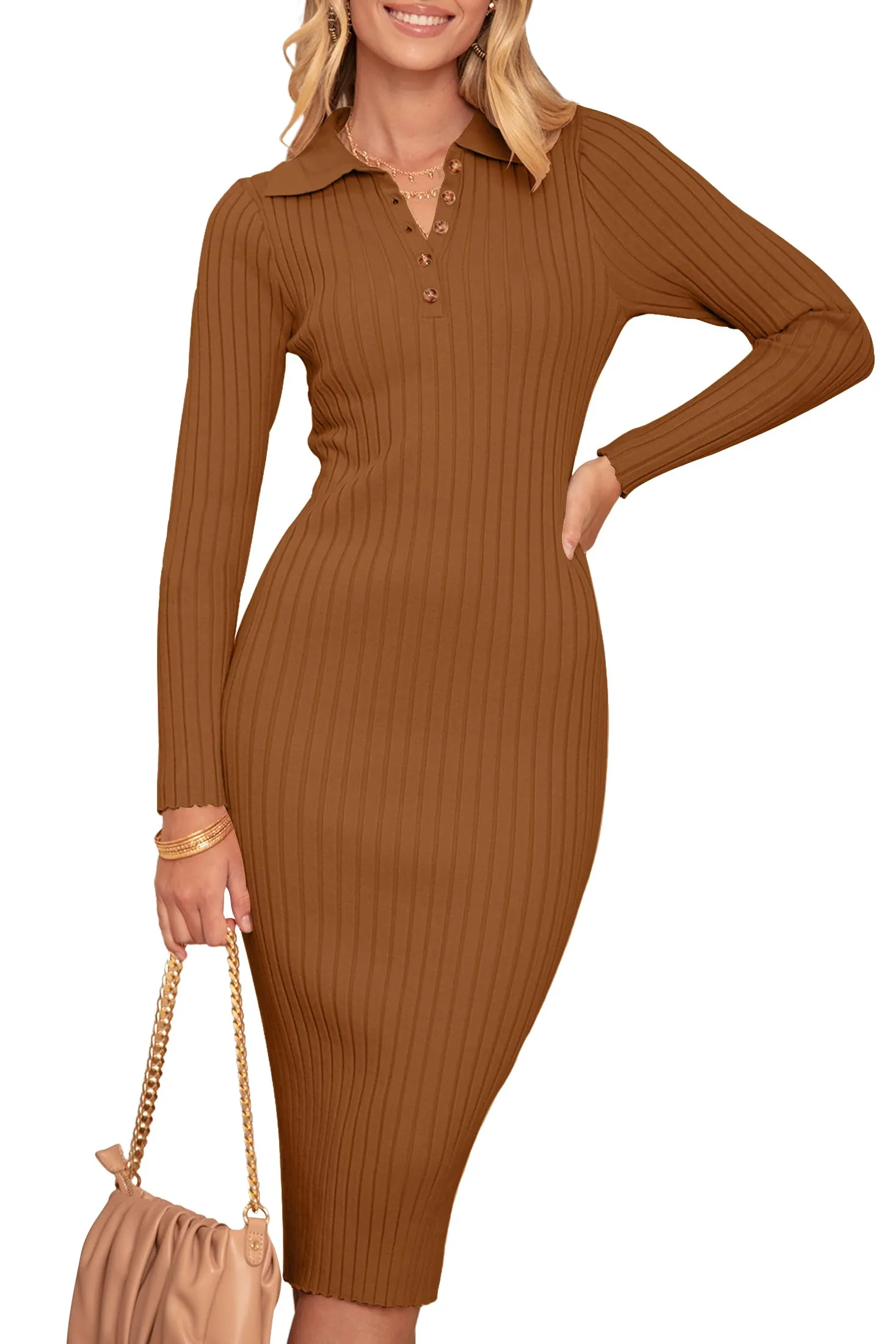 MEROKEETY Long Sleeve V Neck Ribbed Sweater Midi Dress