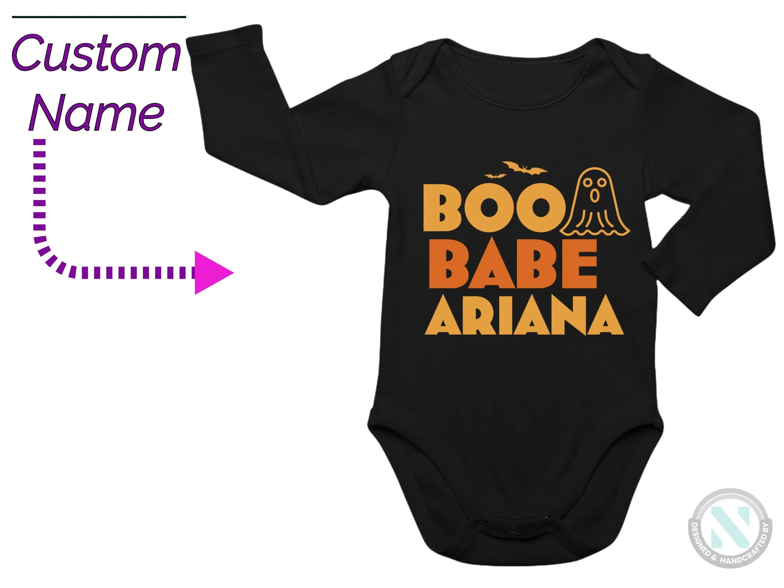 My First Halloween Custom Name Bodysuit Gift for Baby Girls with “BOO BABE”