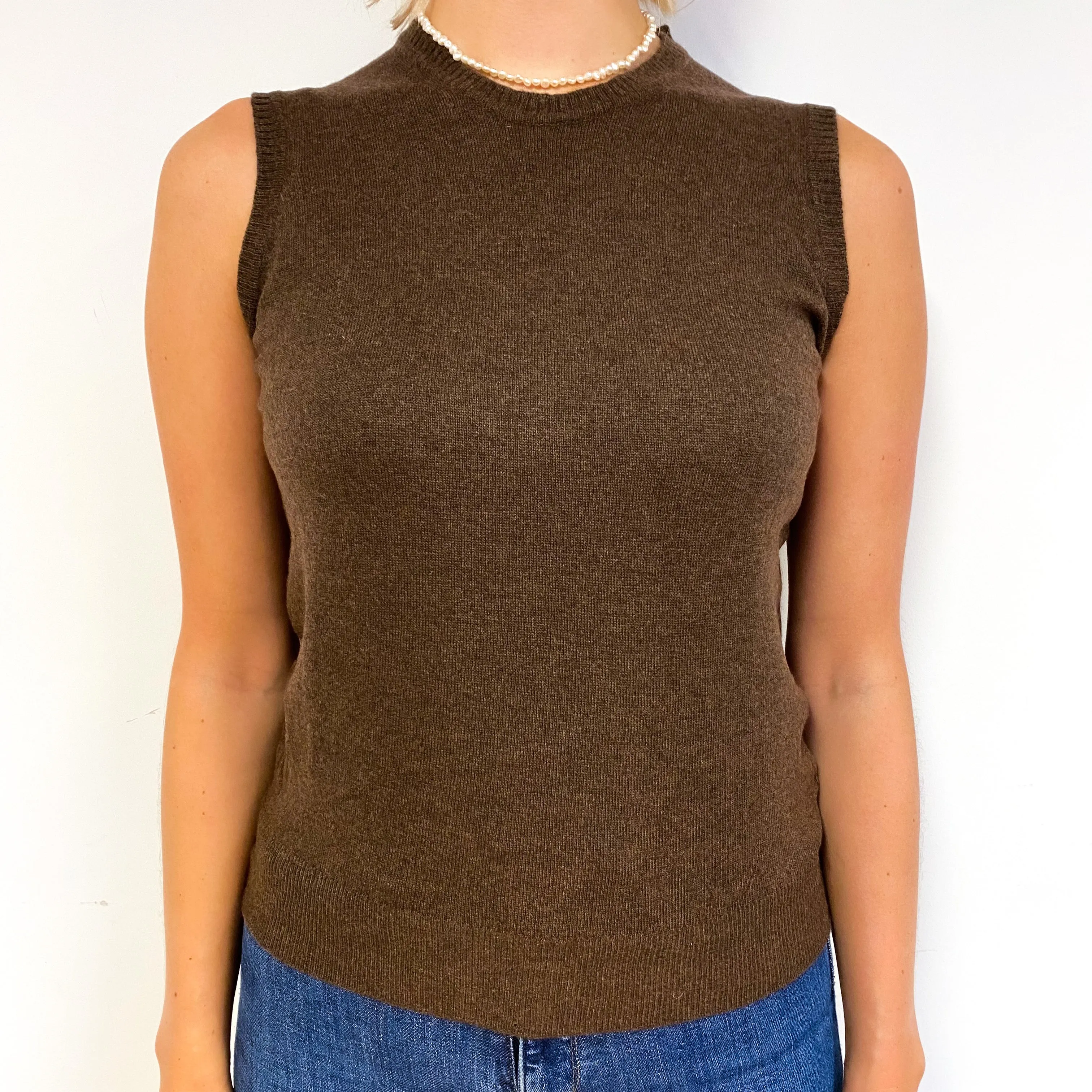 New Scottish Mole Brown Cashmere Crew Neck Tank Top Small