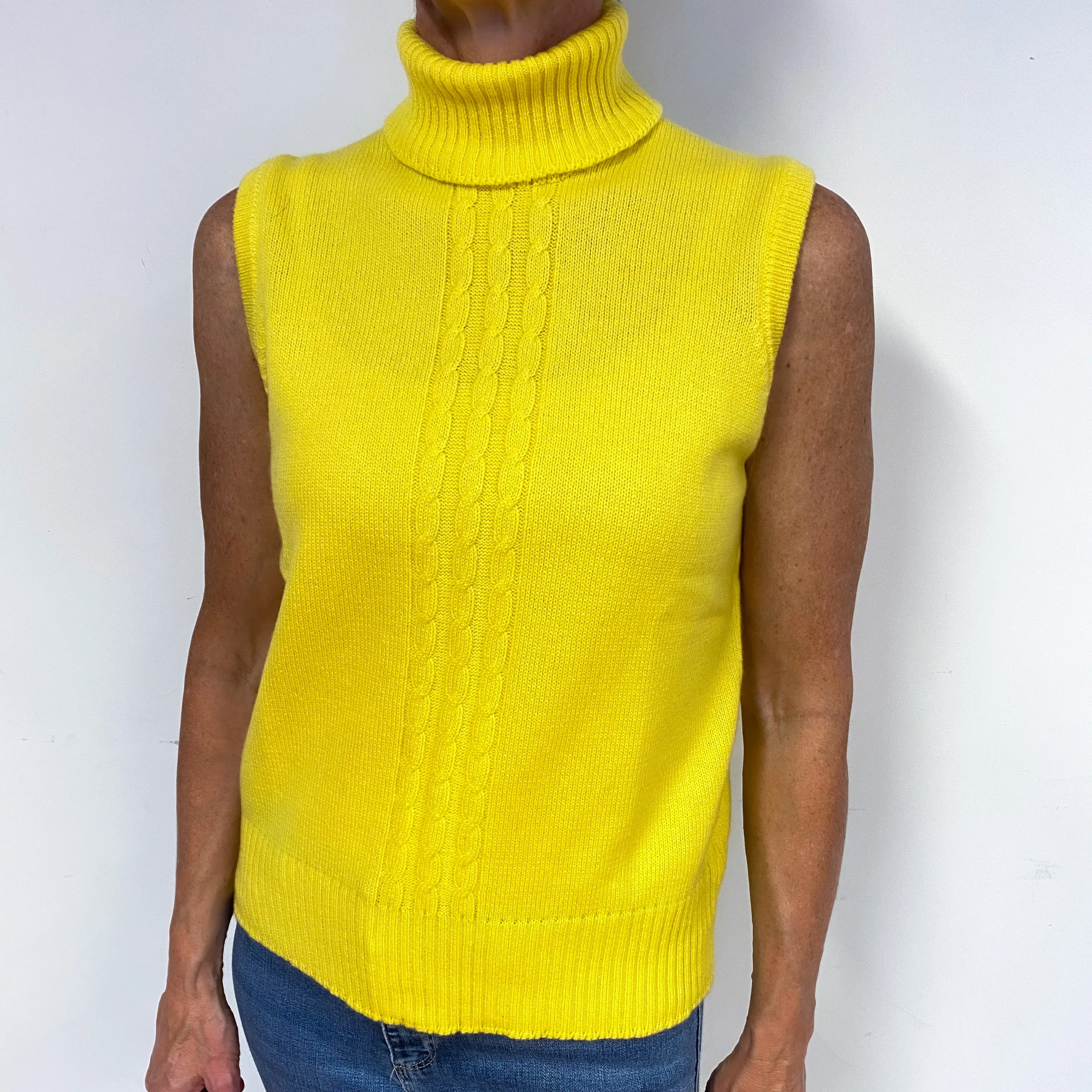 New Scottish Yellow Cashmere Sleeveless Polo Neck Jumper Medium