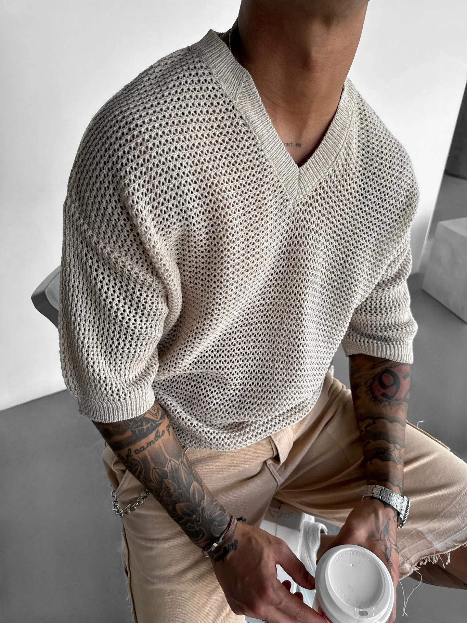 Oversize V Neck Knit T-shirt - Beige