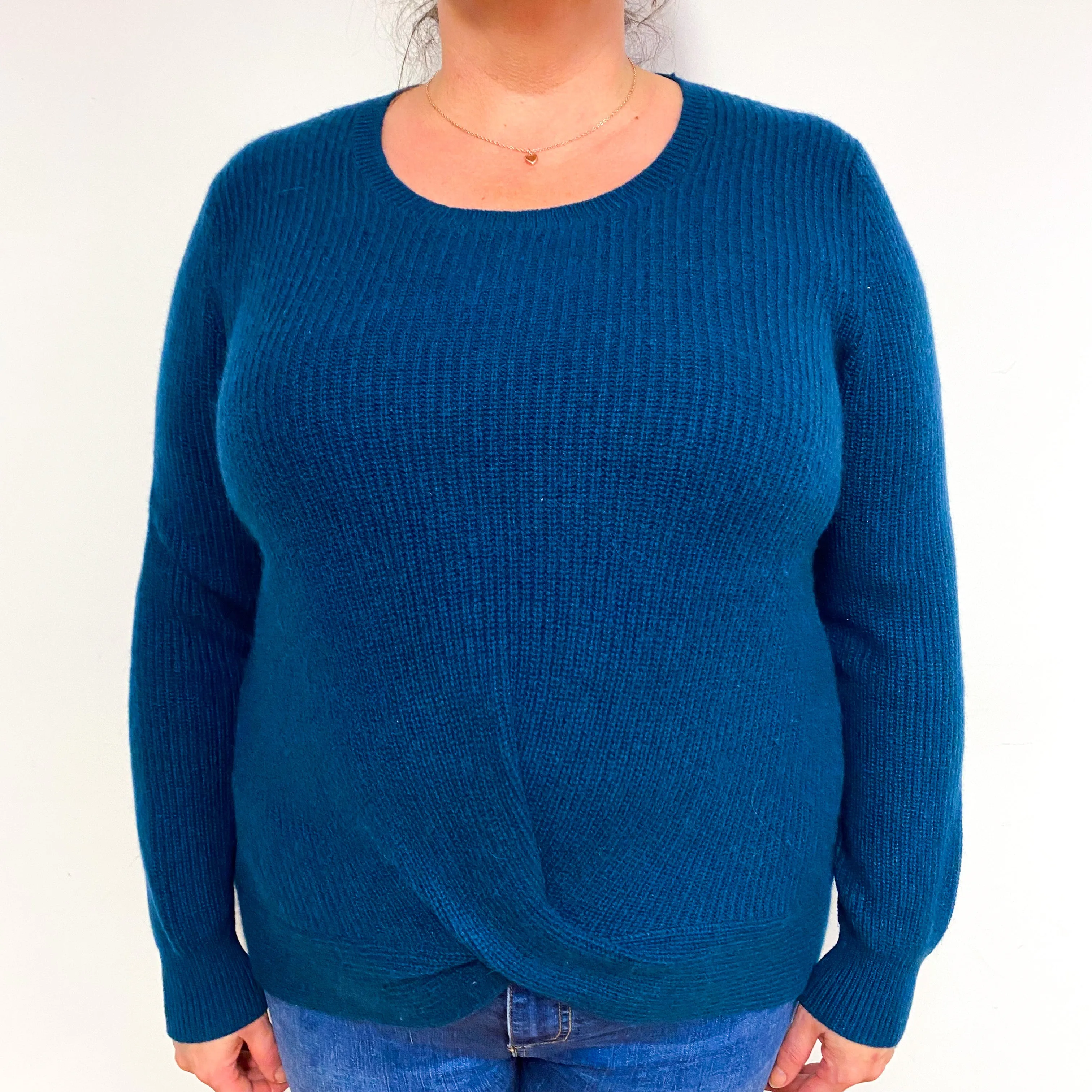 Petrol Blue Ribbed Cashmere Crew Neck Jumper Extra Large