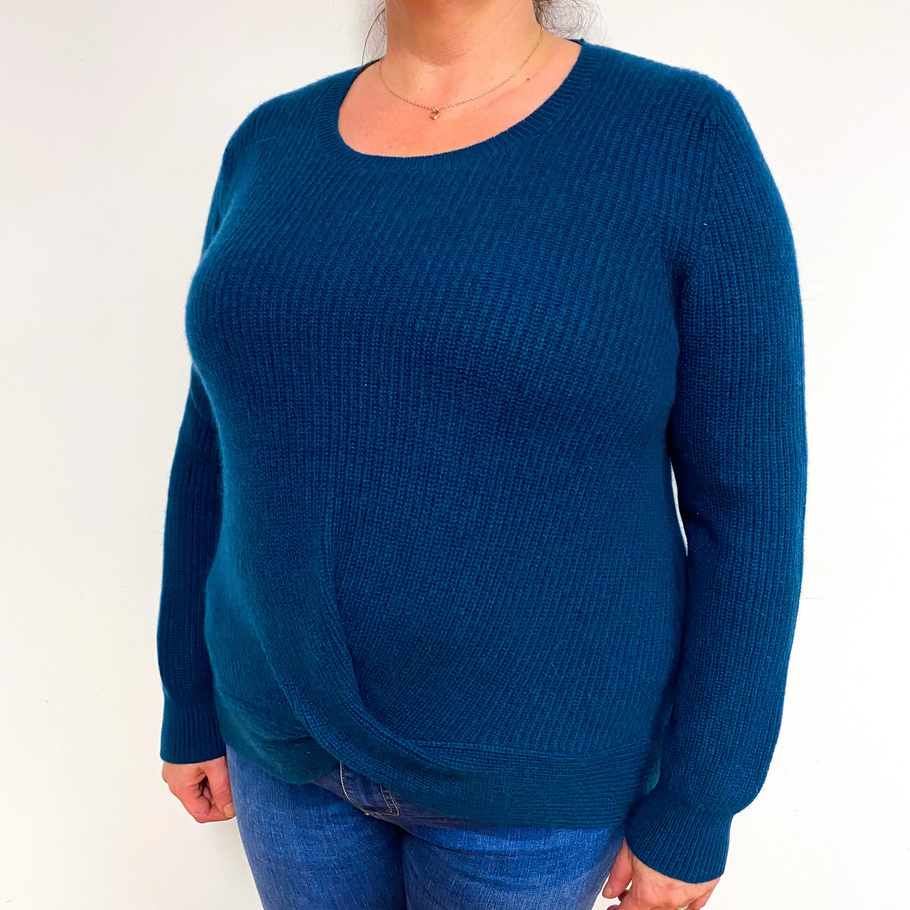 Petrol Blue Ribbed Cashmere Crew Neck Jumper Extra Large