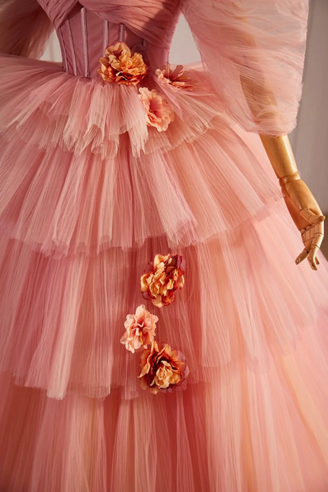 Pink Off the Shoulder Long A-Line Ball Gown, Beautiful Tulle Layers Sweet 16 Dress