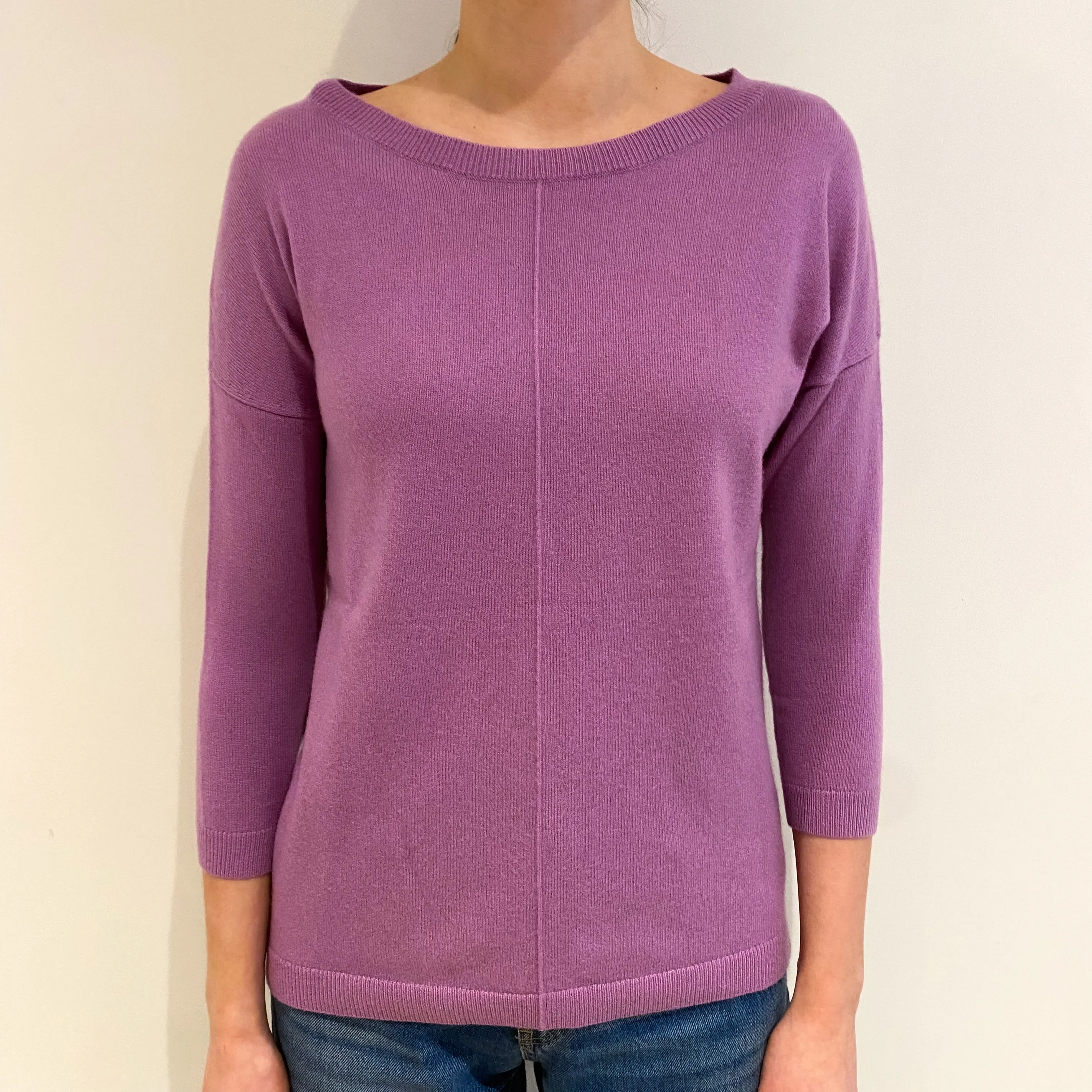 Purple and Grey Button Back Cashmere Crew Neck Jumper Extra Small