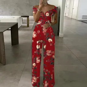 Rechte jumpsuit met bloemenprint en vetersluiting in de taille