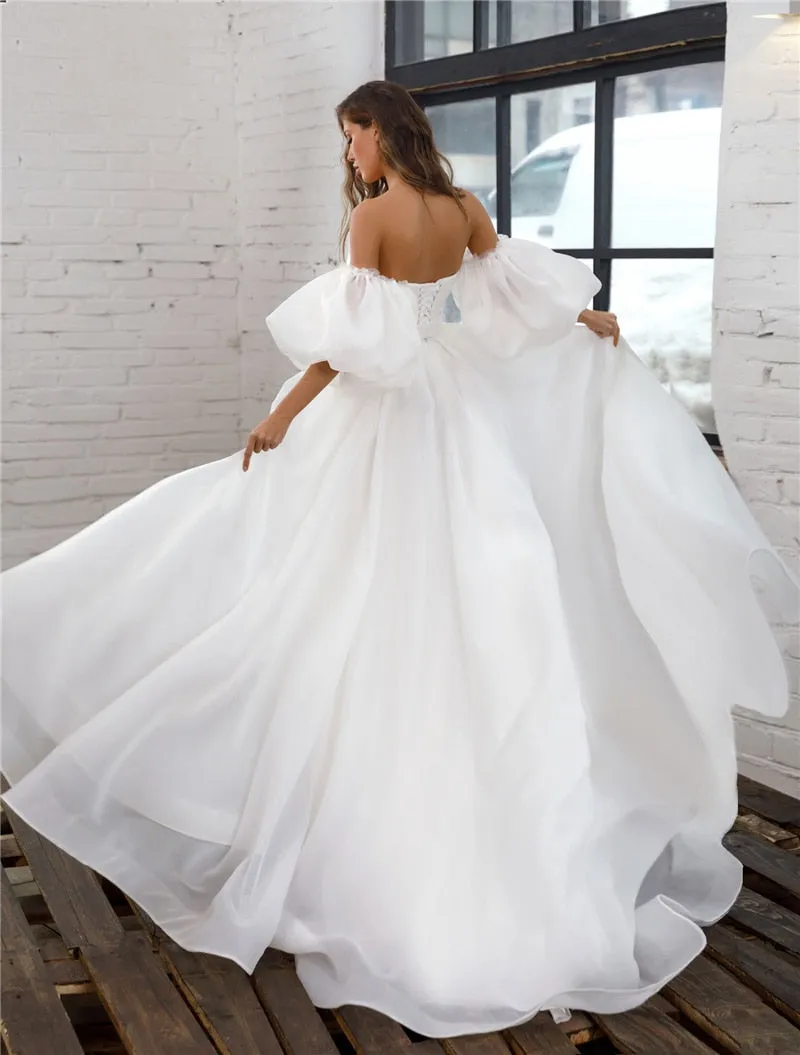 Romantic Organza  Detachable Puff Sleeves Sweet A-line Princess Wedding Bridal Gown