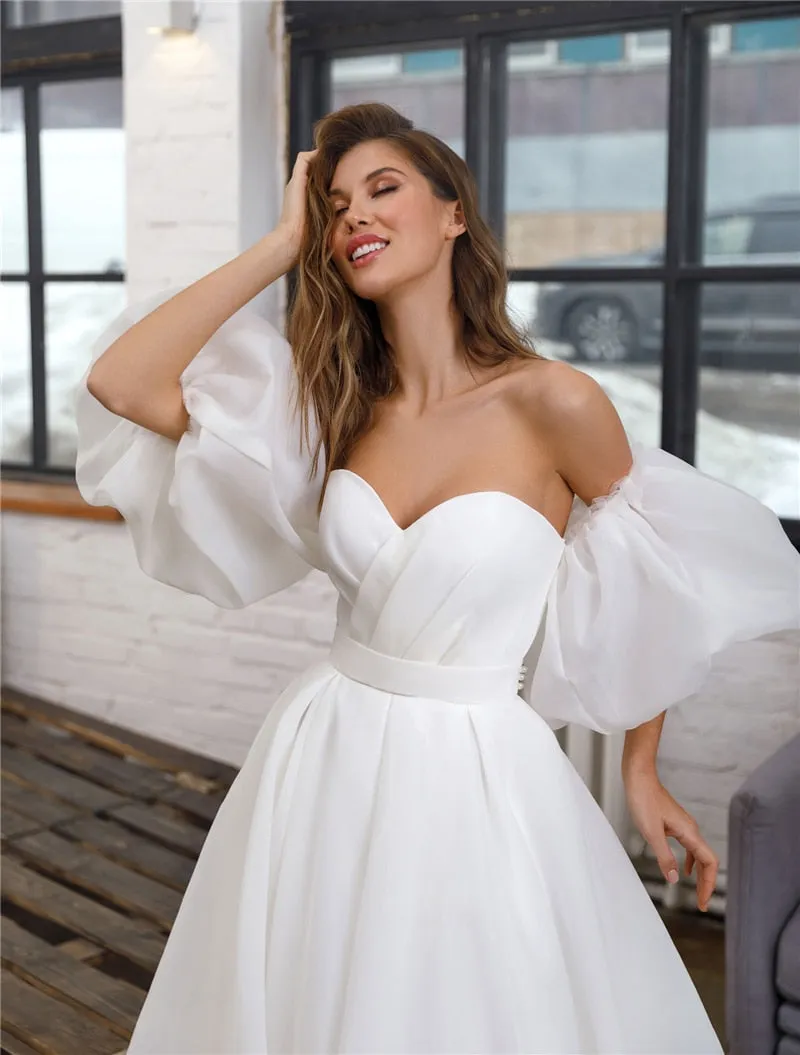 Romantic Organza  Detachable Puff Sleeves Sweet A-line Princess Wedding Bridal Gown