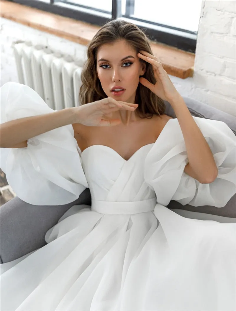 Romantic Organza  Detachable Puff Sleeves Sweet A-line Princess Wedding Bridal Gown