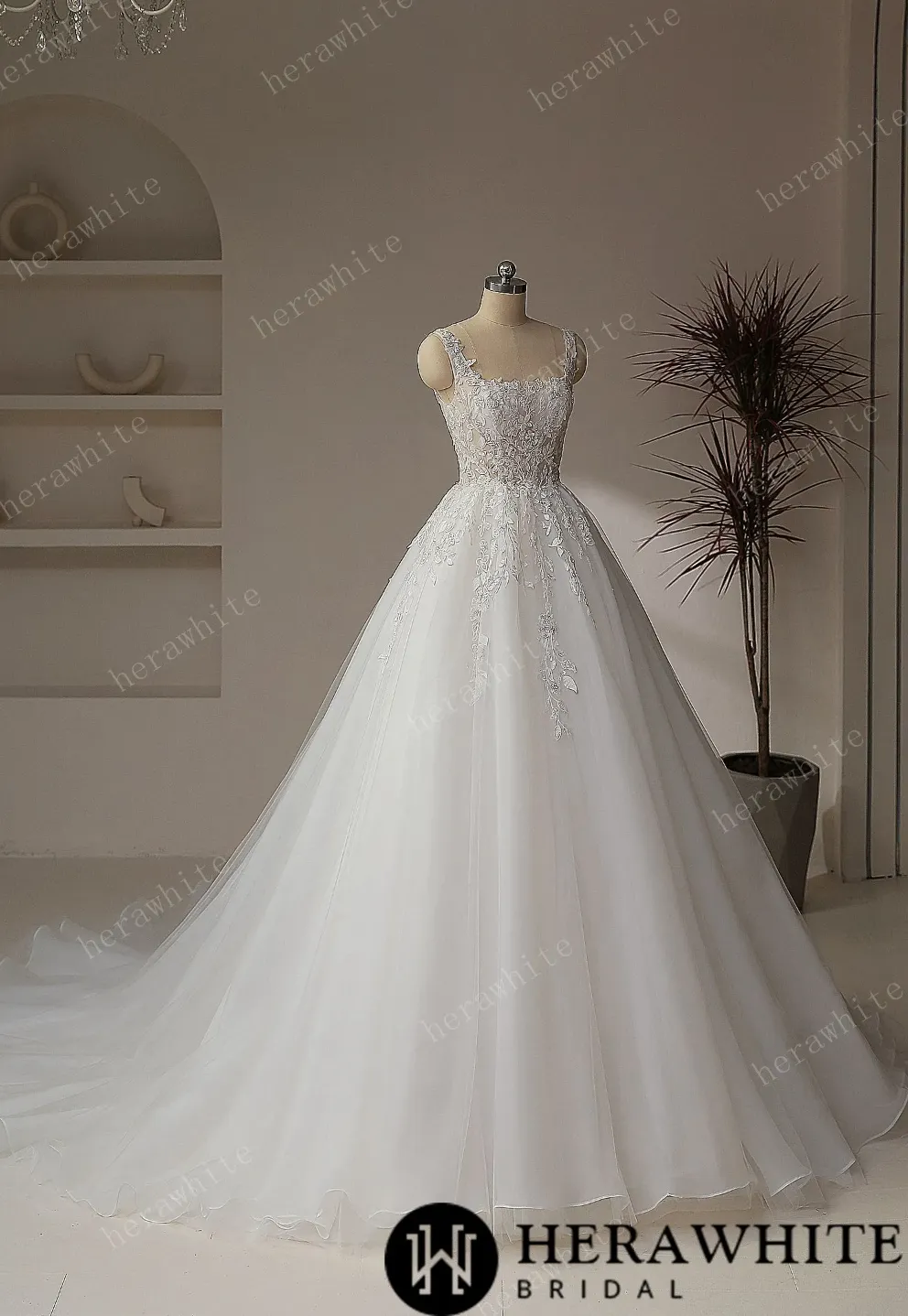 Romantic Square Collar Zipper Ball Gown Wedding Dresses